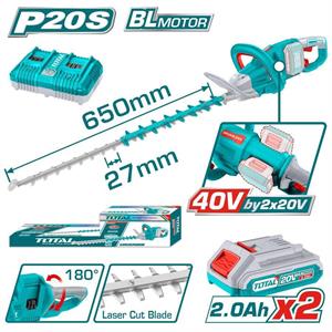 Tagliasiepi 650Mm 40V con 2 Batterie 20V-2Ah E Caricabatte