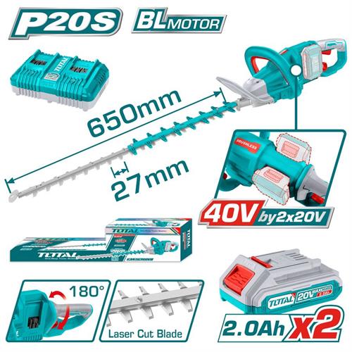 Tagliasiepi 650Mm 40V con 2 Batterie 20V-2Ah E Caricabatte