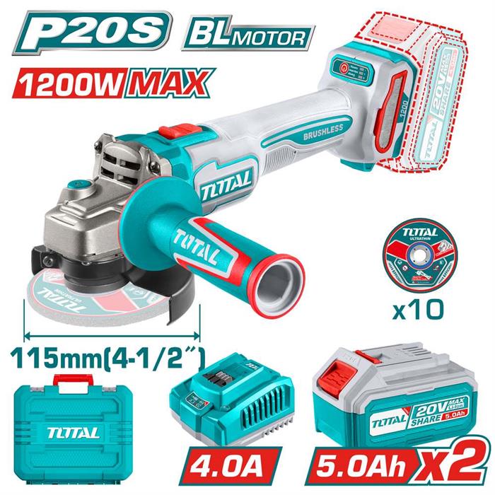 Smerigliatrice angolare brushless 20V – 115 mm – con batterie 5.0Ah, caricabatterie e dischi da taglio