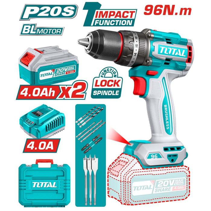 Trapano avvitatore a percussione brushless 20V – 96Nm – con accessori, batterie 4.0Ah e valigetta
