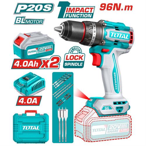 Trapano avvitatore a percussione brushless 20V – 96Nm – con accessori, batterie 4.0Ah e valigetta