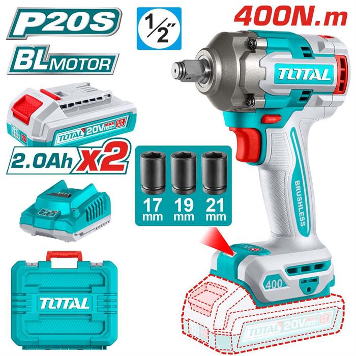 Avvitatore a impulsi brushless 20V – 1/2 – 400Nm – con batterie, carica e bussole
